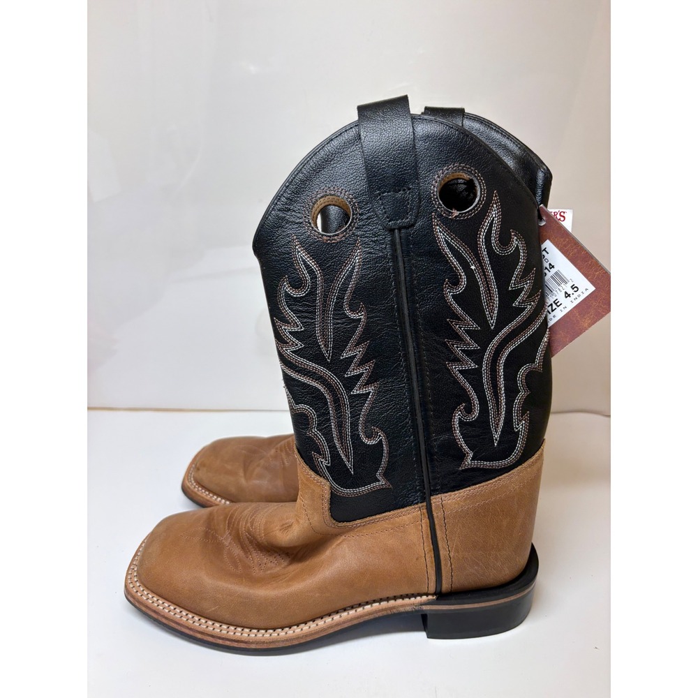 Old West Youth Boys BSY1814 Tan Black Leather Square Toe Cowboy Boots 4.5 D